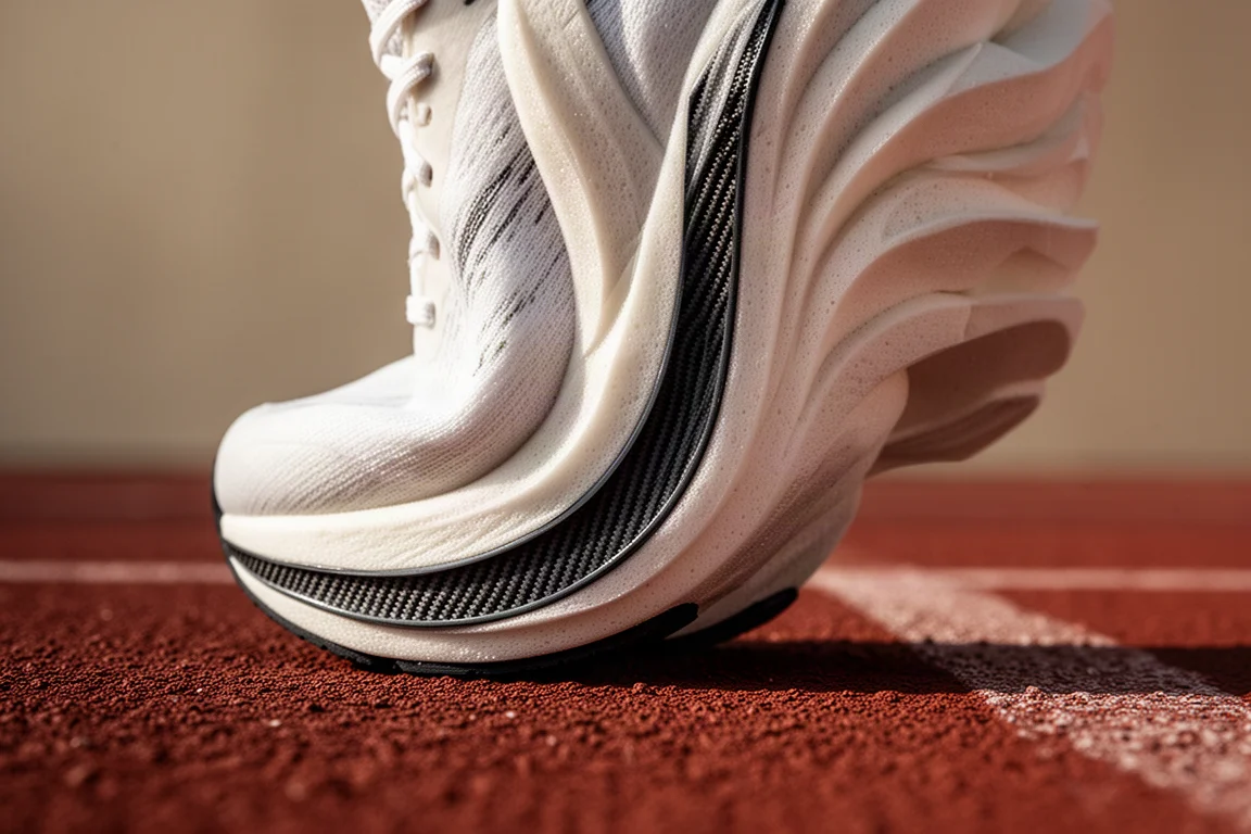 Primo piano della suola intermedia di una scarpa da corsa con piastra in carbonio su una pista