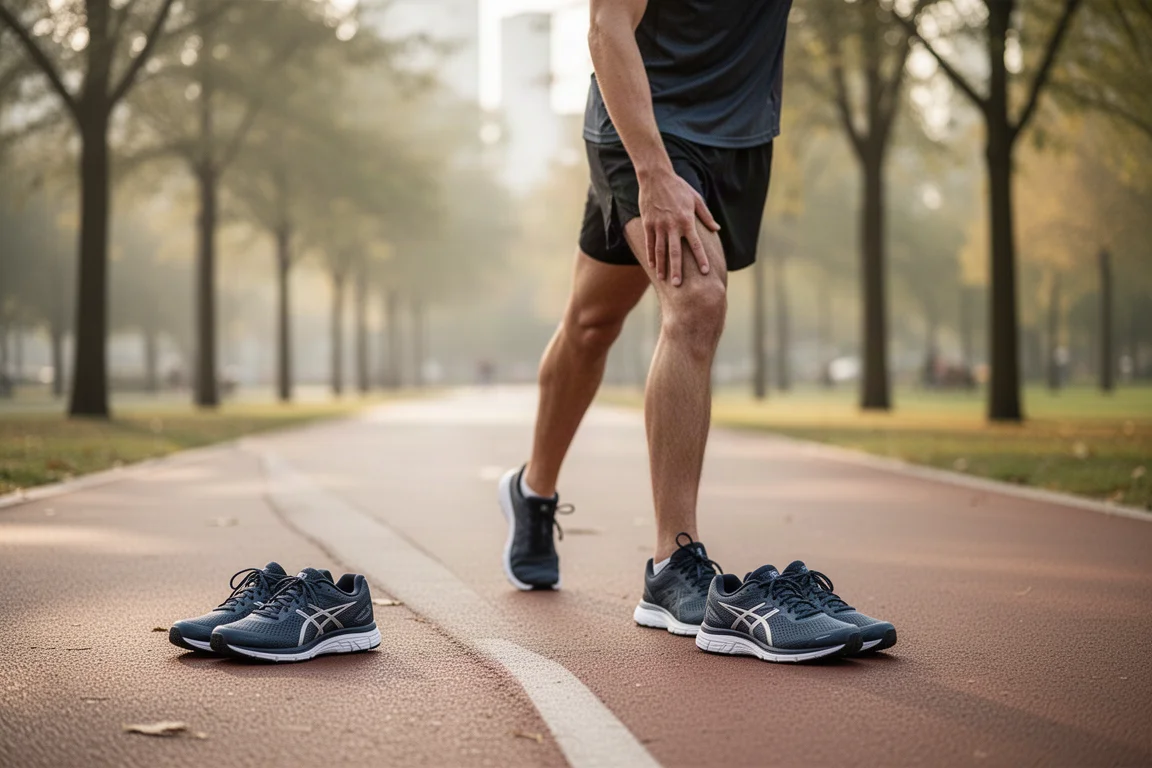 Un runner si allunga accanto a un sentiero prima di una corsa di allenamento leggera