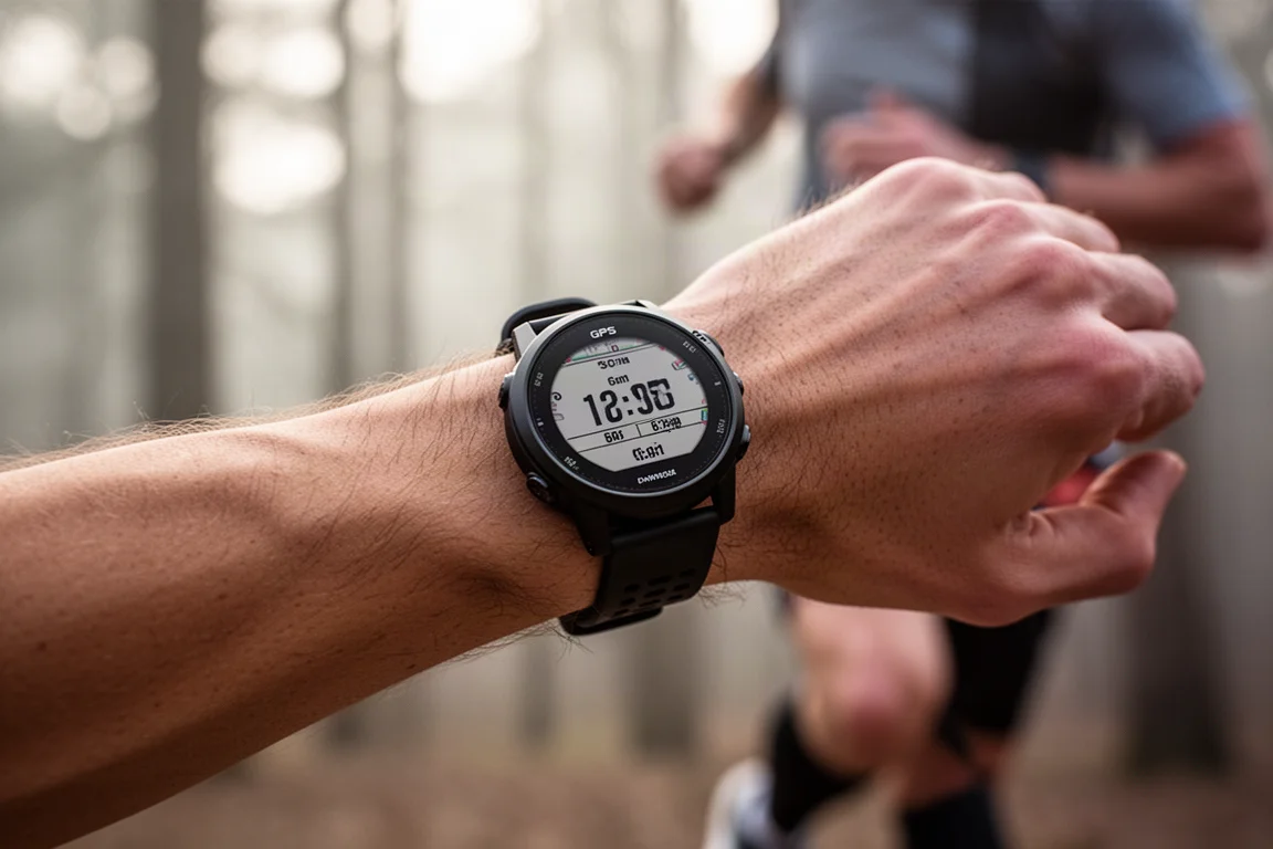 Orologio sportivo GPS al polso durante una corsa mattutina