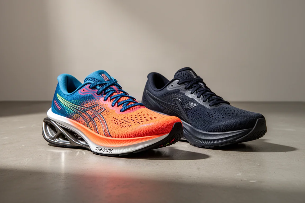 Two running shoes side by side on a concrete surface