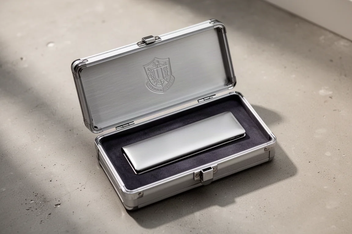 Schlanke Aluminum-Wallet in einem geprägten Aluminium-Aufbewahrungskoffer
