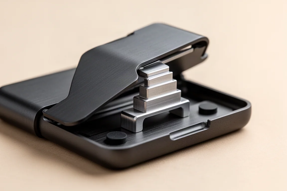 Nahaufnahme der geriffelten Vorderseite einer Aluminum-Wallet mit sichtbarem gestuftem Auswerferarm