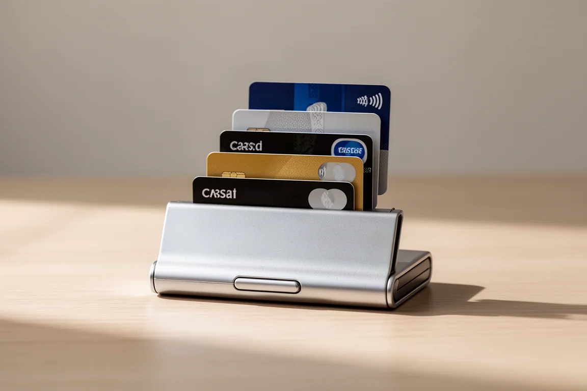 Wallet fächert Kreditkarten in gestuften Positionen aus