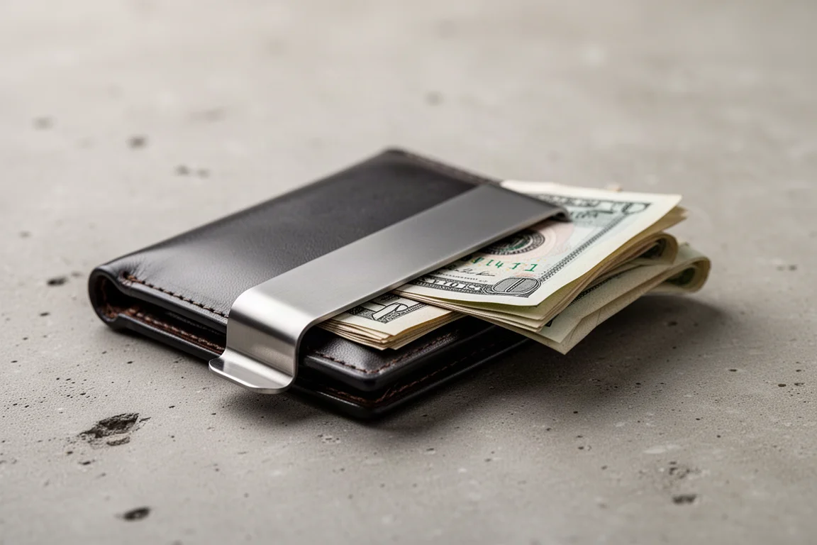 Rückseite der Wallet mit einer Metall-Geldklemme, die gefaltete Scheine hält
