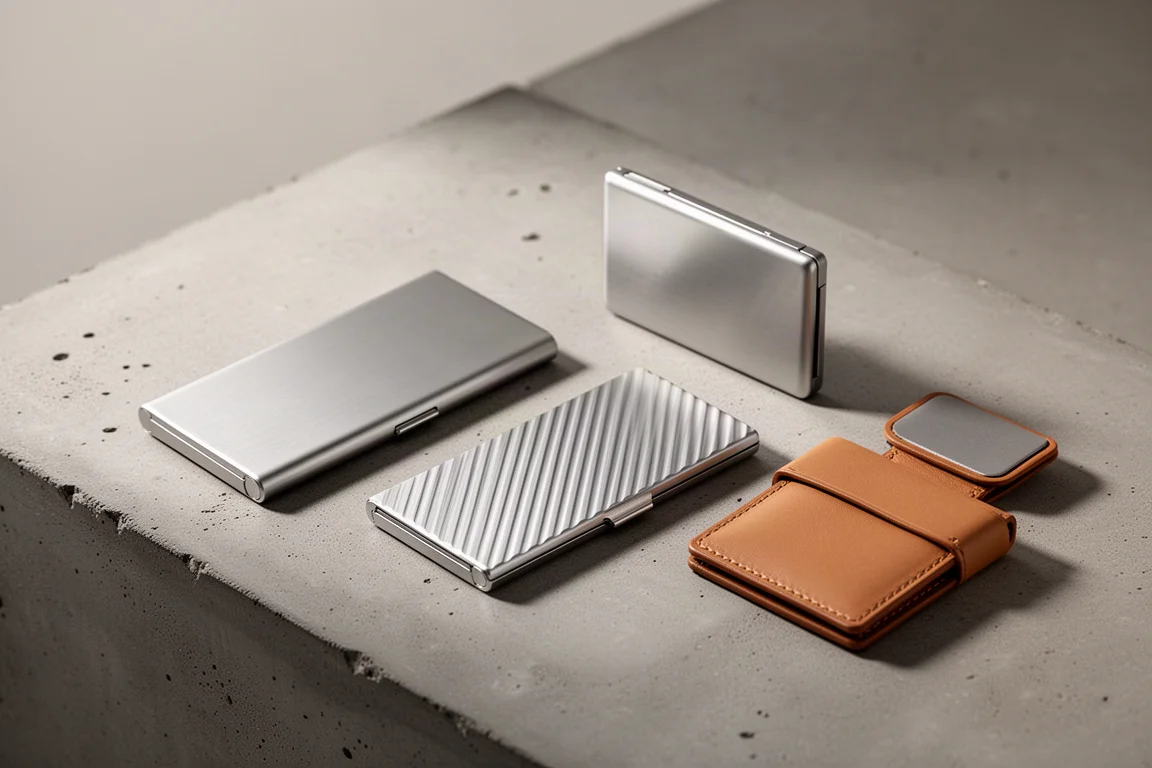 Slim metal wallets with smooth and ridged faces beside a leather bifold attachment