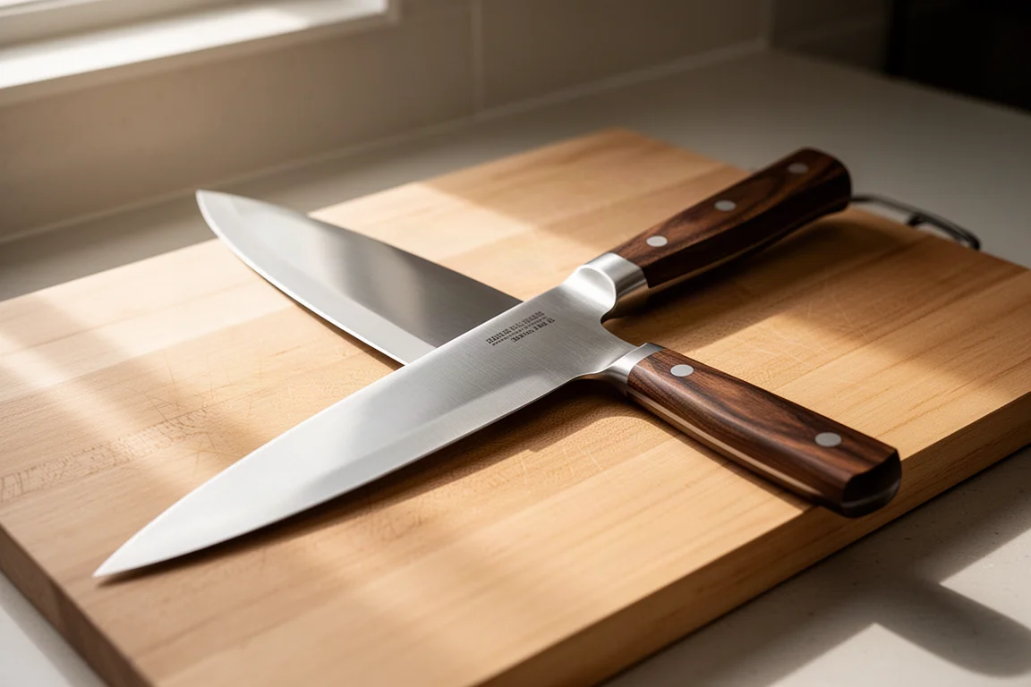 傳統 Gyuto 主廚刀靜置於木質砧板上