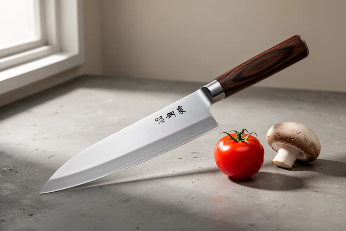 Pungchando SLD 240mm Gyoto knife on a concrete surface with a cherry tomato and mushroom