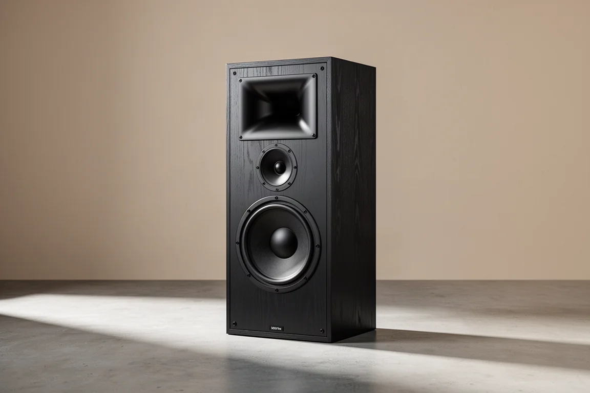 Open baffle horn speaker with a 15-inch woofer and horn driver on a concrete floor