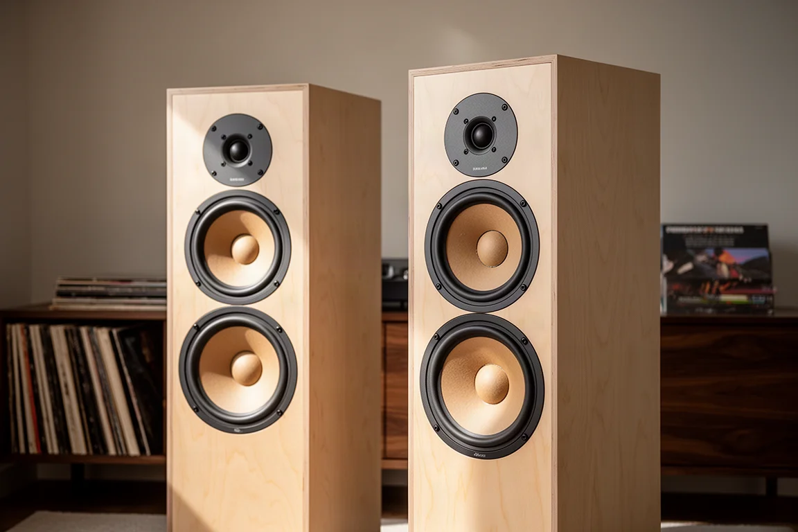 Pair of open baffle floorstanding speakers in a warm listening room