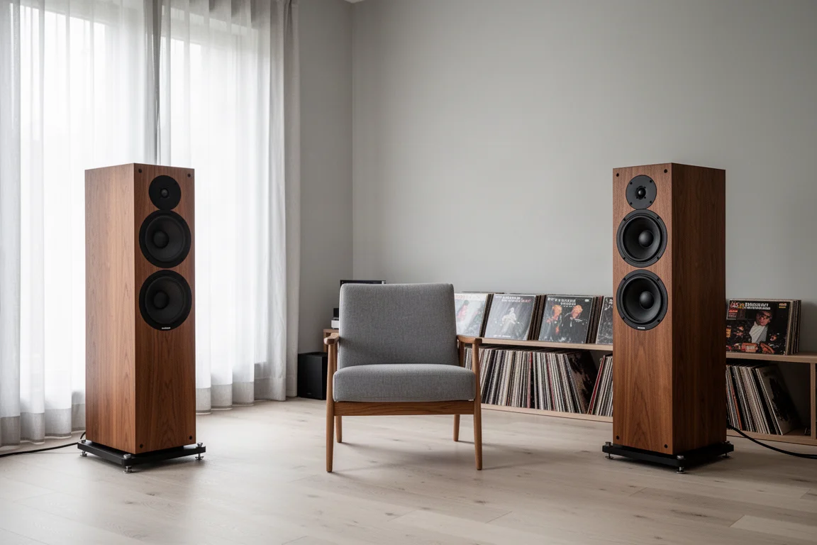 Hörraum mit zwei großen Standlautsprechern, einem Sessel und einem Regal voller Vinylplatten