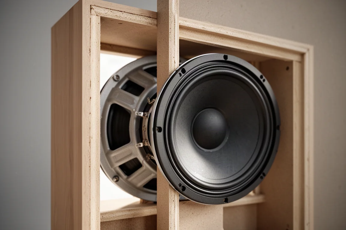 Rückseitiges Detail eines Open-Baffle-Lautsprechers mit freiliegendem Tieftöner-Chassis ohne Gehäuse