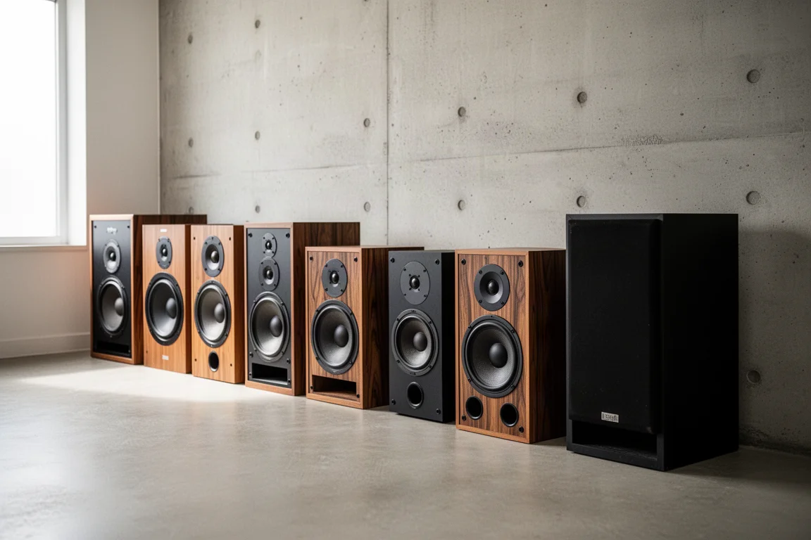 Reihe gebrauchter Hi-Fi-Lautsprecher entlang einer hellen Betonwand