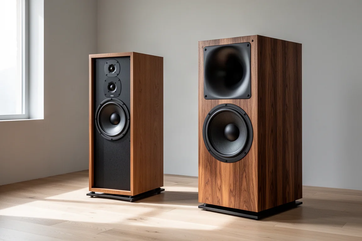 Two floorstanding hi-fi speakers, one open baffle and one horn-loaded, side by side in a listening room
