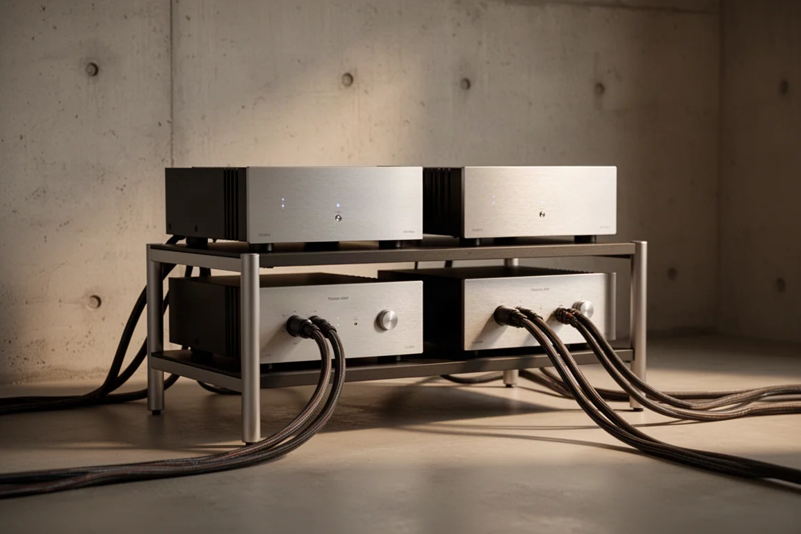 Rack hi-fi minimaliste avec deux amplificateurs de puissance et d'épais câbles d'enceintes