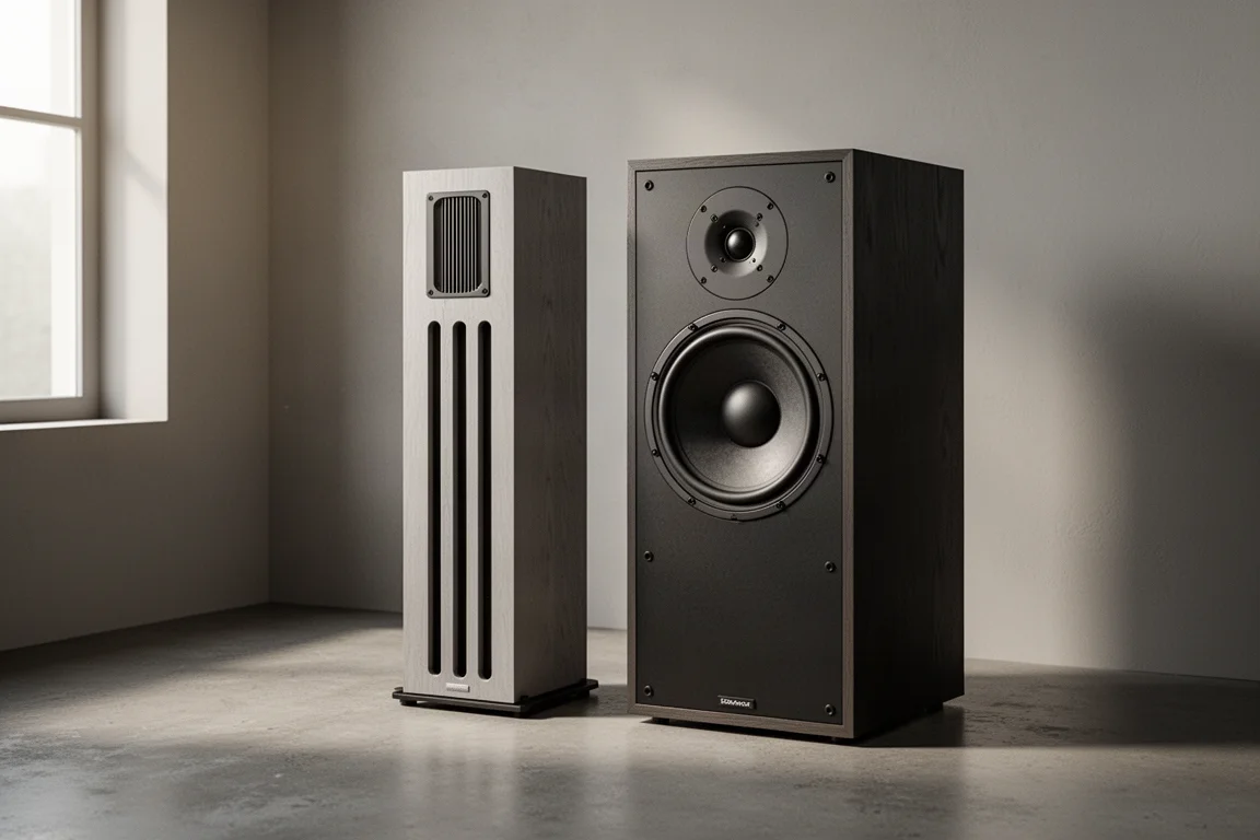Two open-baffle floorstanding speakers side by side in a quiet listening room