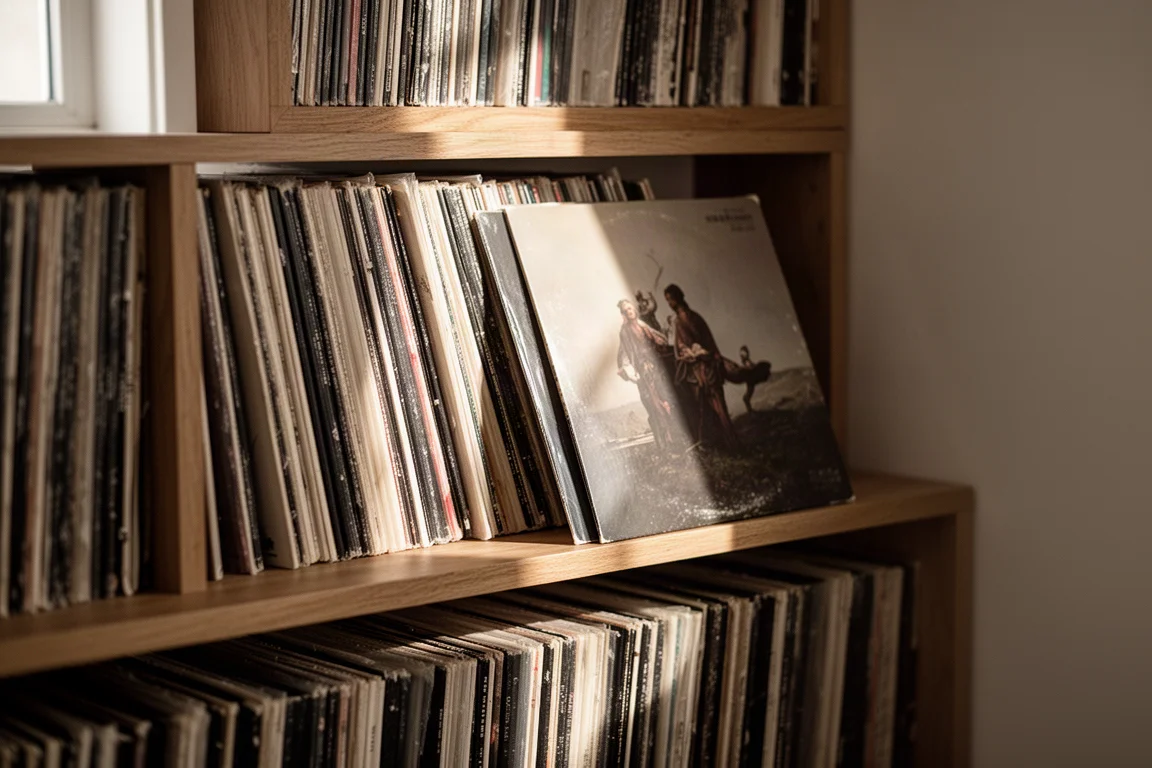 Parede de discos de vinil em prateleiras de madeira numa sala de audição aconchegante