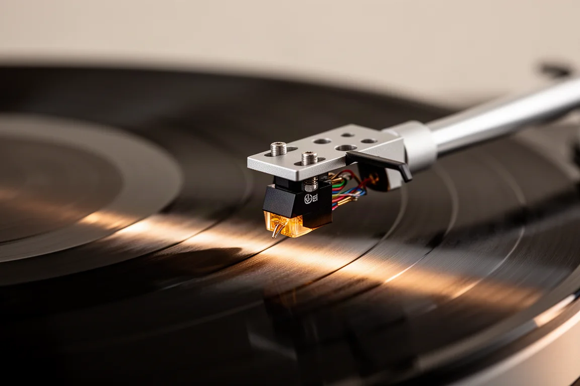 Vista macro de uma cápsula de braço de toca-discos descendo sobre um disco girando