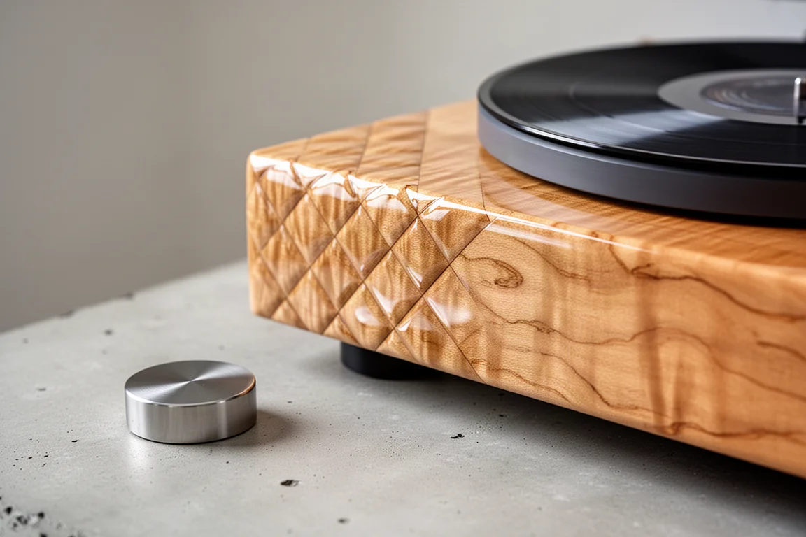 Detalhe aproximado do plinto de bordo de maple acolchoado com alto brilho e do peso estabilizador