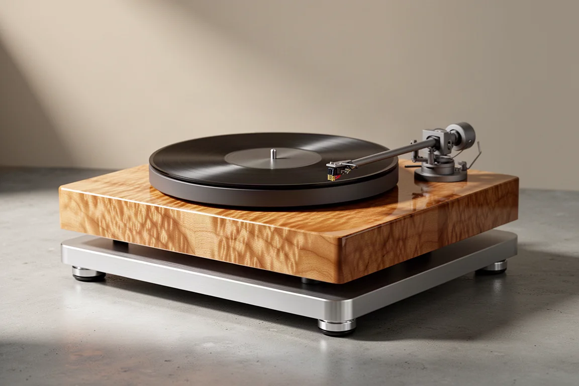 High-end turntable with quilted maple plinth on an aluminium isolation platform