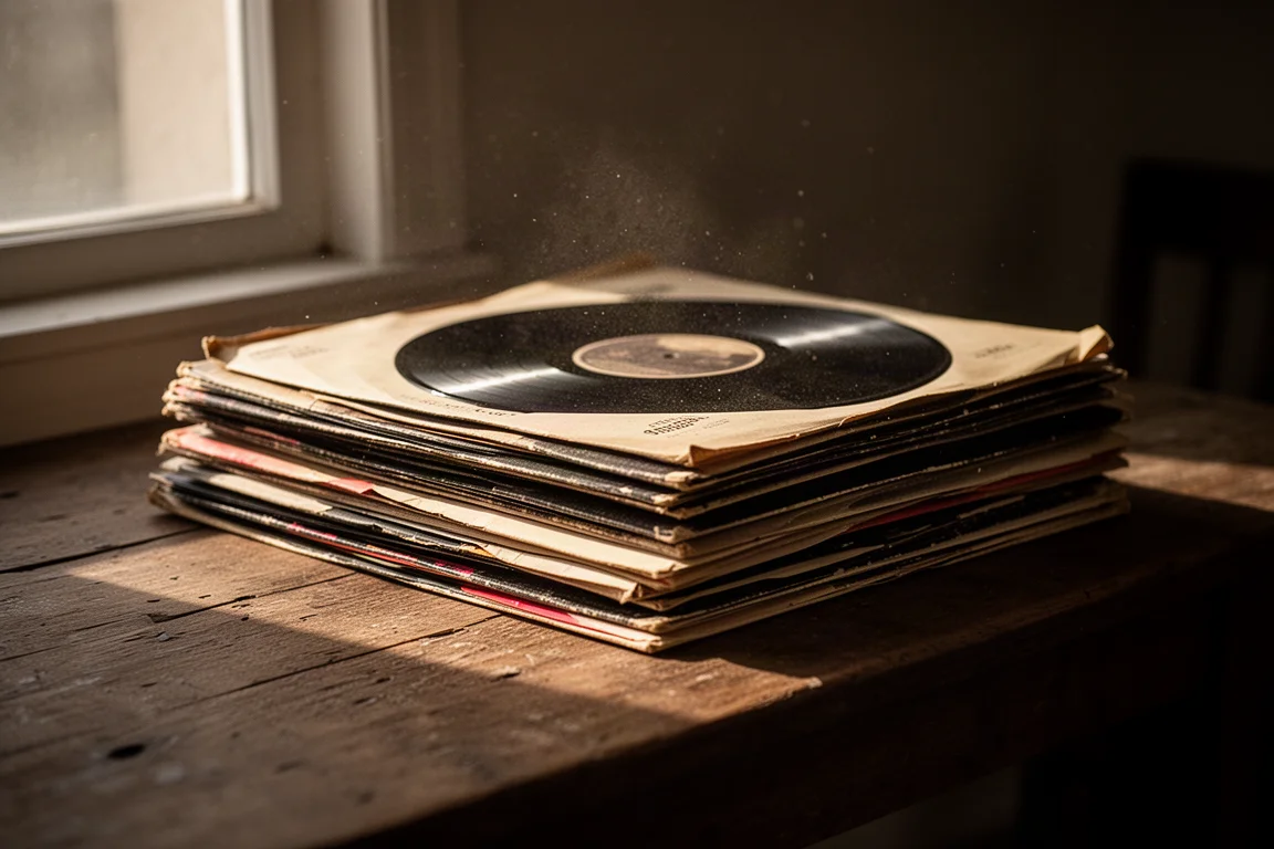 Pila di dischi in vinile vintage usurati e copertine di carta su un tavolo di legno invecchiato in luce calda