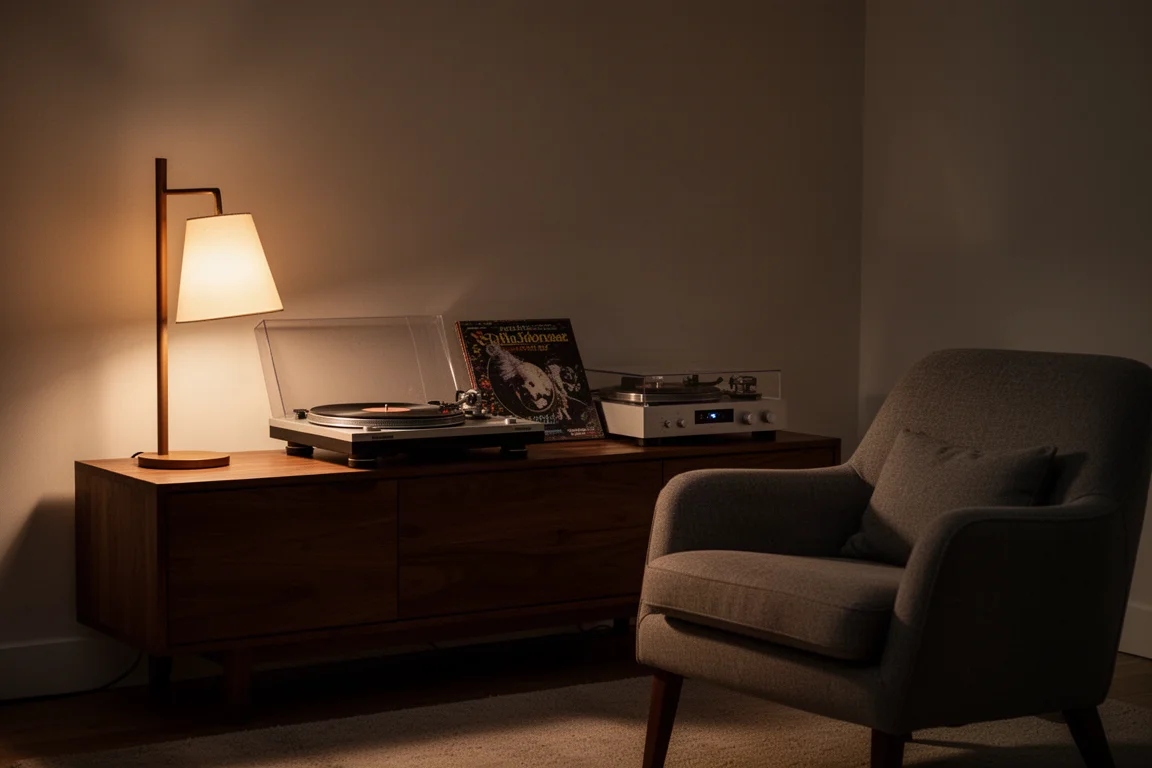 Sala d'ascolto in penombra di notte con un giradischi su una credenza e una poltrona nelle vicinanze