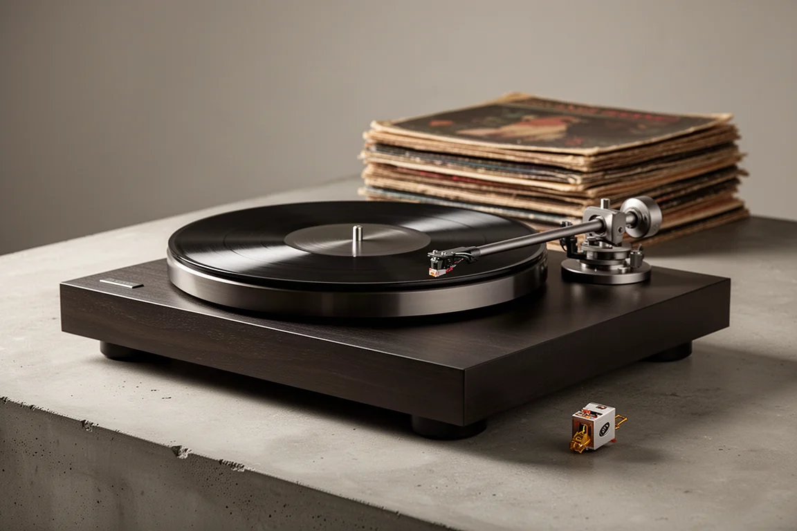 High-end turntable, tonearm and phono cartridge on concrete with vintage record sleeves behind