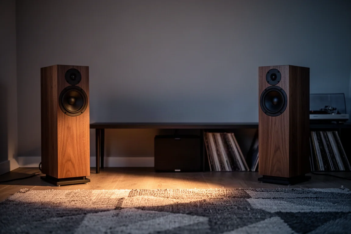 Sala de escucha con luz tenue al atardecer y dos altavoces sobre soportes a ambos lados de una estantería