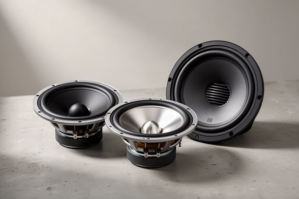 Three circular speaker drive units arranged on a matte concrete surface in soft light