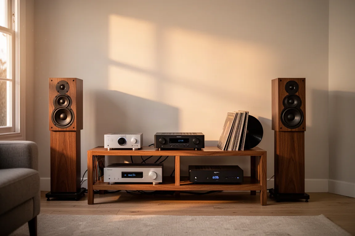 Due amplificatori stereo e una coppia di diffusori su un rack hi-fi basso in un soggiorno dalla luce soffusa