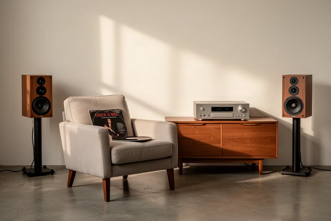 Poltrona d'ascolto con una copertina in vinile e un semplice impianto stereo su pavimento in legno