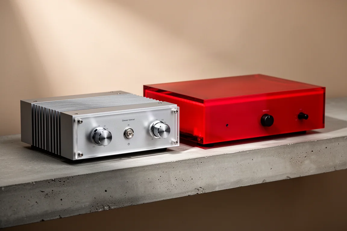 Two integrated stereo amplifiers on a concrete shelf, one half-width with chrome knobs and one in a glossy acrylic case