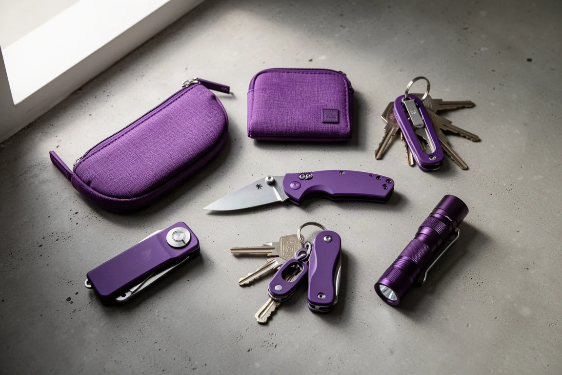 Draufsicht auf lila Everyday-Carry-Items, auf einem Schreibtisch arrangiert