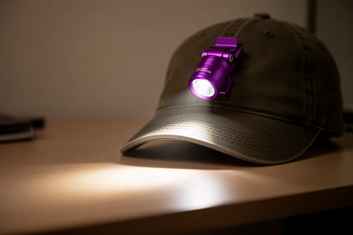 Kompakte Clip-Taschenlampe wirft in einem dunklen Raum einen breiten Lichtkegel