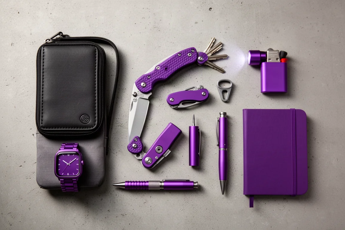 Flat-lay of eight purple everyday carry items on a concrete surface