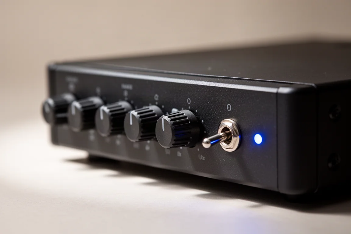 Primer plano de mandos giratorios de plástico y una luz indicadora azul en el panel frontal de un amplificador compacto