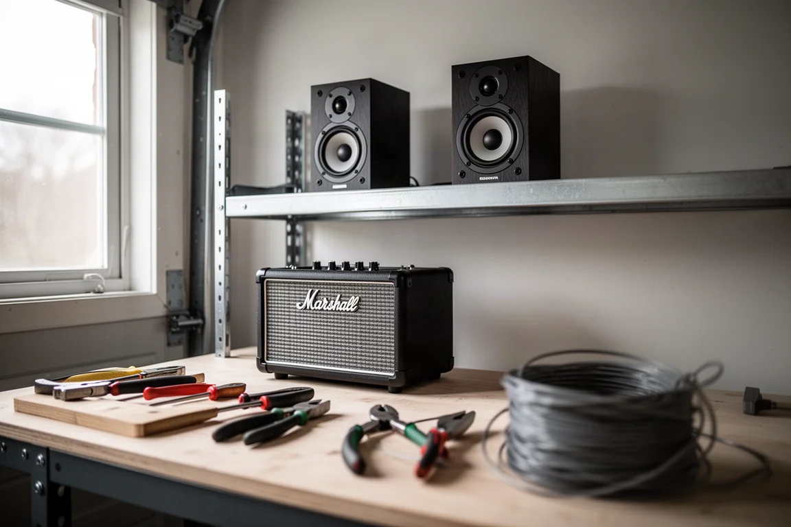 Amplificador compacto y altavoces pequeños en una estantería de garaje rodeados de herramientas de taller