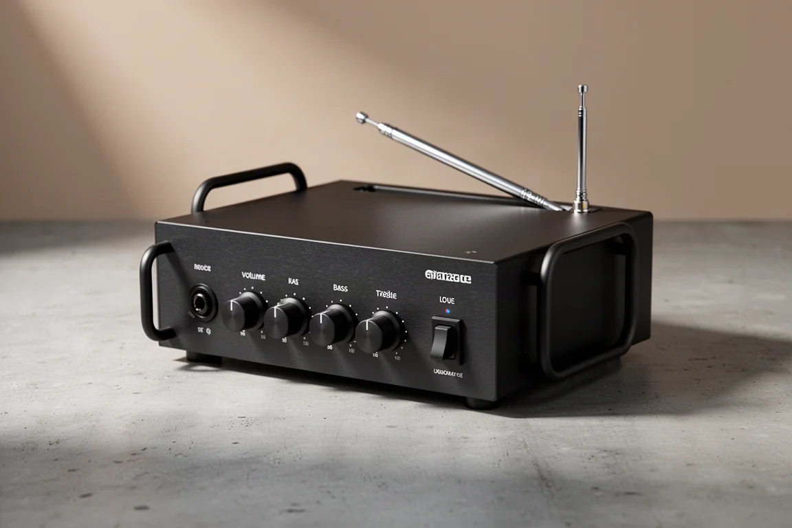 Compact black stereo amplifier with front handles and rotary knobs on a concrete surface