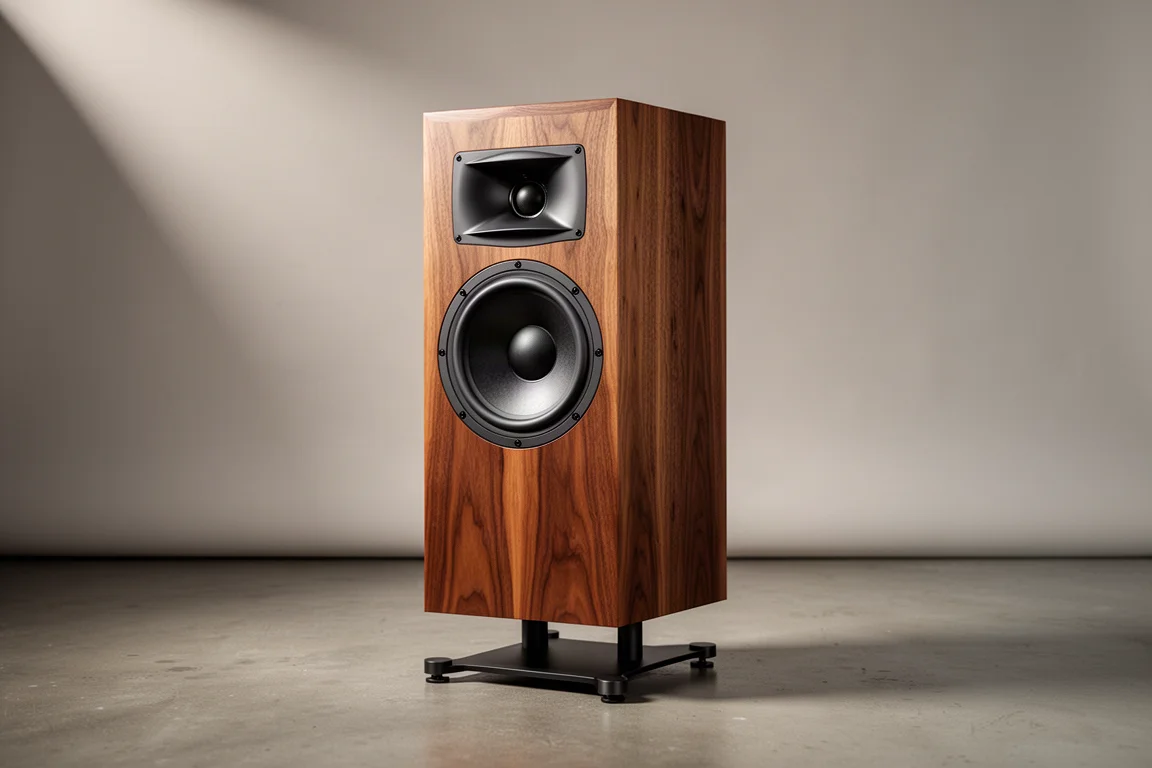 Compact walnut floorstanding speaker with a horn tweeter on a slim stand