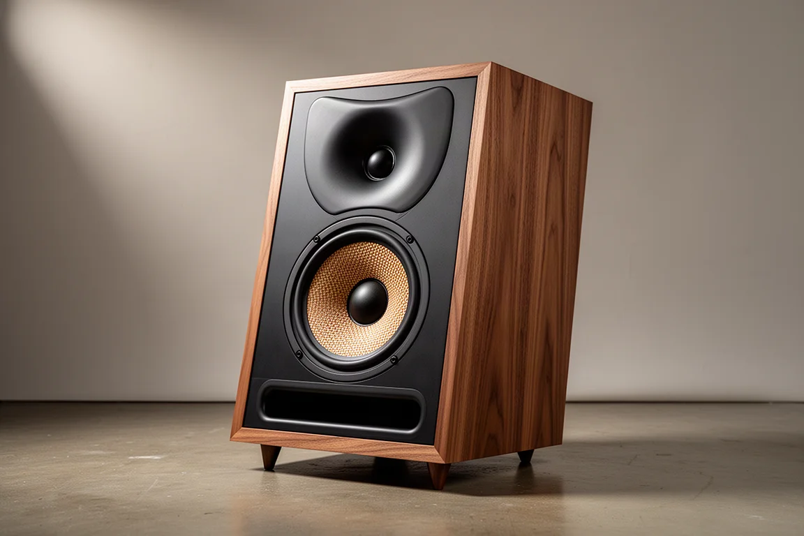 Large walnut-veneer bookshelf speaker with black baffle and bottom slot port on a concrete floor