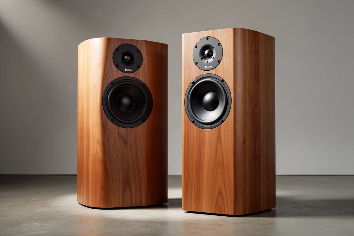 Pair of wood veneer two-way bookshelf speakers on a concrete surface against a grey backdrop