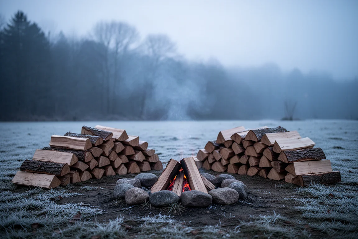 Verschneiter Wintercampsite mit gestapeltem Brennholz und einer kleinen schwarzen Dose auf einem Baumstamm