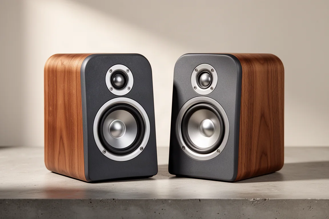 Pair of compact walnut-finished bookshelf speakers with satin driver trims on a concrete surface