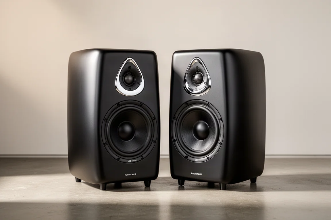 Pair of curved Q Acoustics 3030c standmount speakers on low stands in a minimalist room