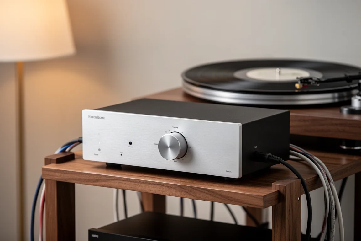 Amplificatore integrato compatto con cavi di potenza su un rack hi-fi in legno
