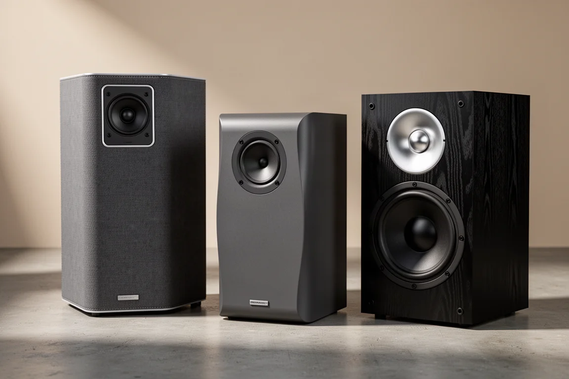 Three stand-mount bookshelf speakers in grey, charcoal and black woodgrain on a concrete surface