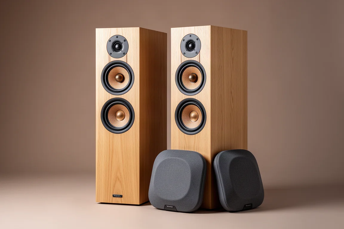 Pair of slim oak floorstanding hi-fi speakers on a neutral studio backdrop