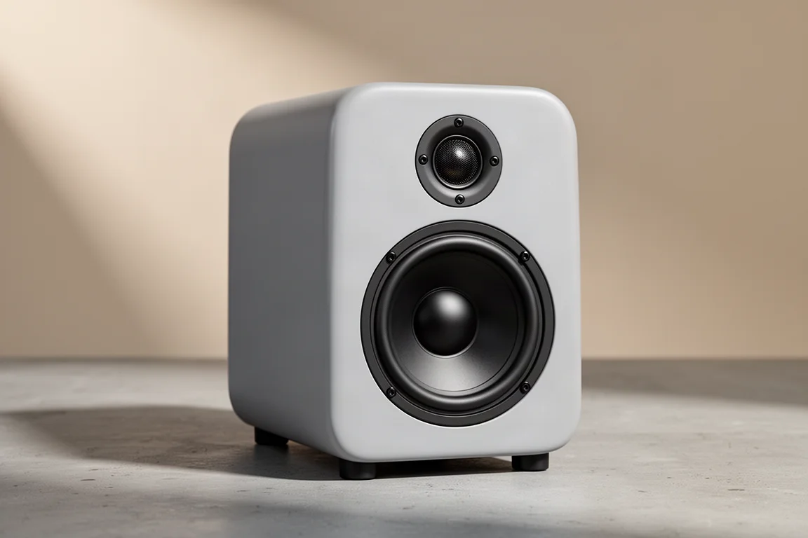 Compact curved bookshelf speaker in matte grey on a concrete surface