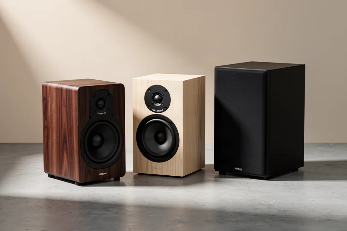Q Acoustics 5020 standmount speaker on a matte concrete surface in soft studio light