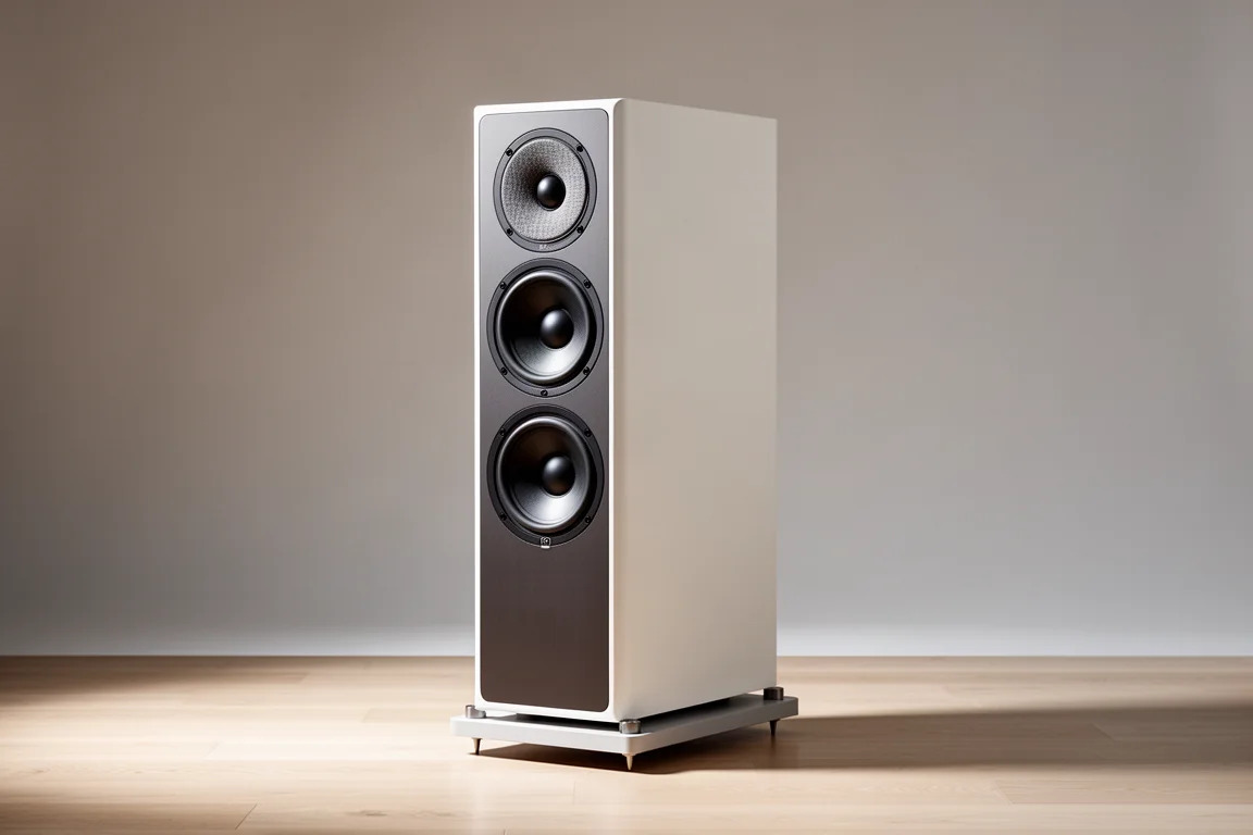 Pair of light oak two-way floorstanding tower speakers on a concrete floor