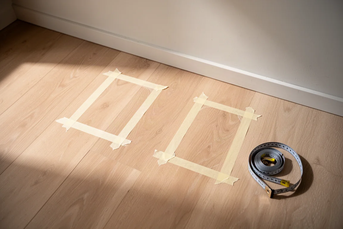 Segni di nastro adesivo su un pavimento in legno che indicano le posizioni dei diffusori in una stanza